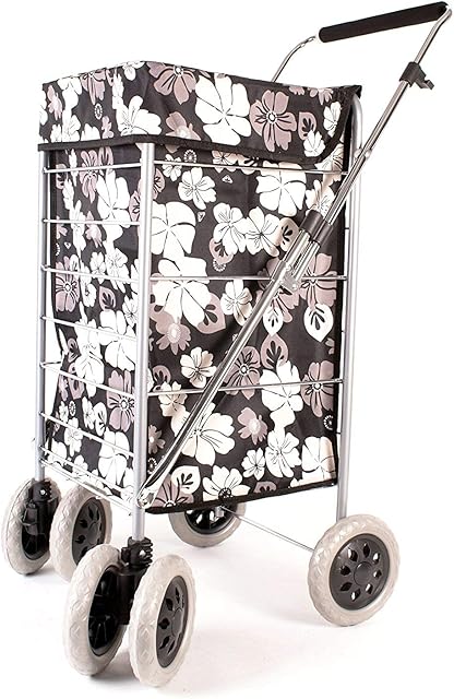 Premium 6 Wheel Swivel Shopping Trolley with Adjustable Handle Black with White and Grey Floral Print