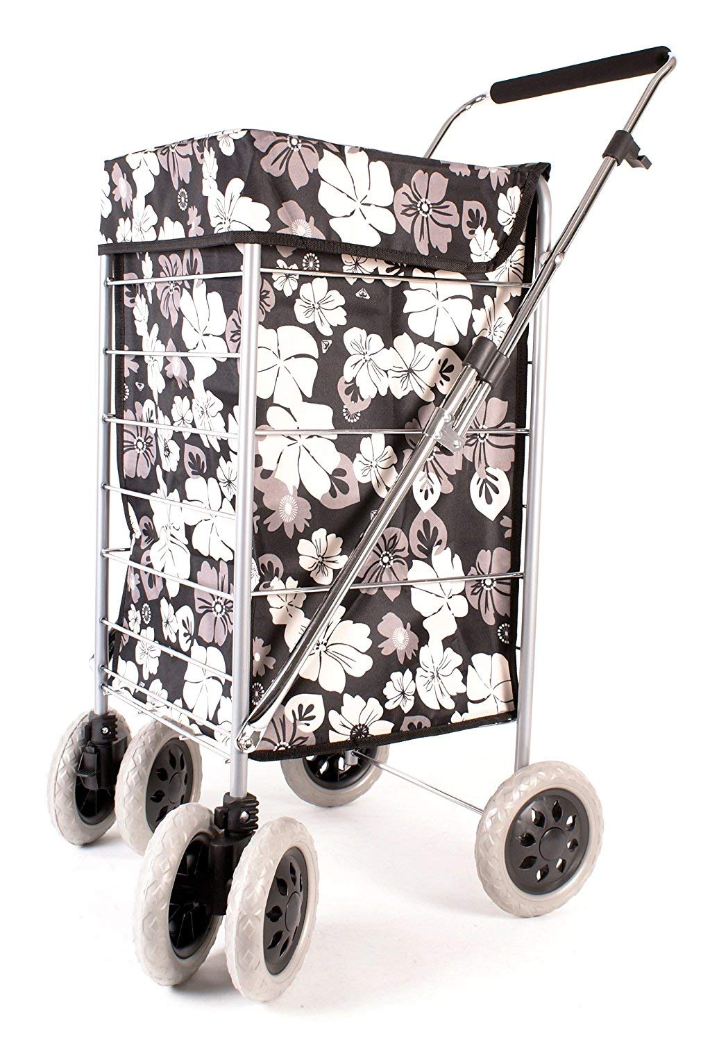 Premium 6 Wheel Swivel Shopping Trolley with Adjustable Handle Black with White and Grey Floral Print