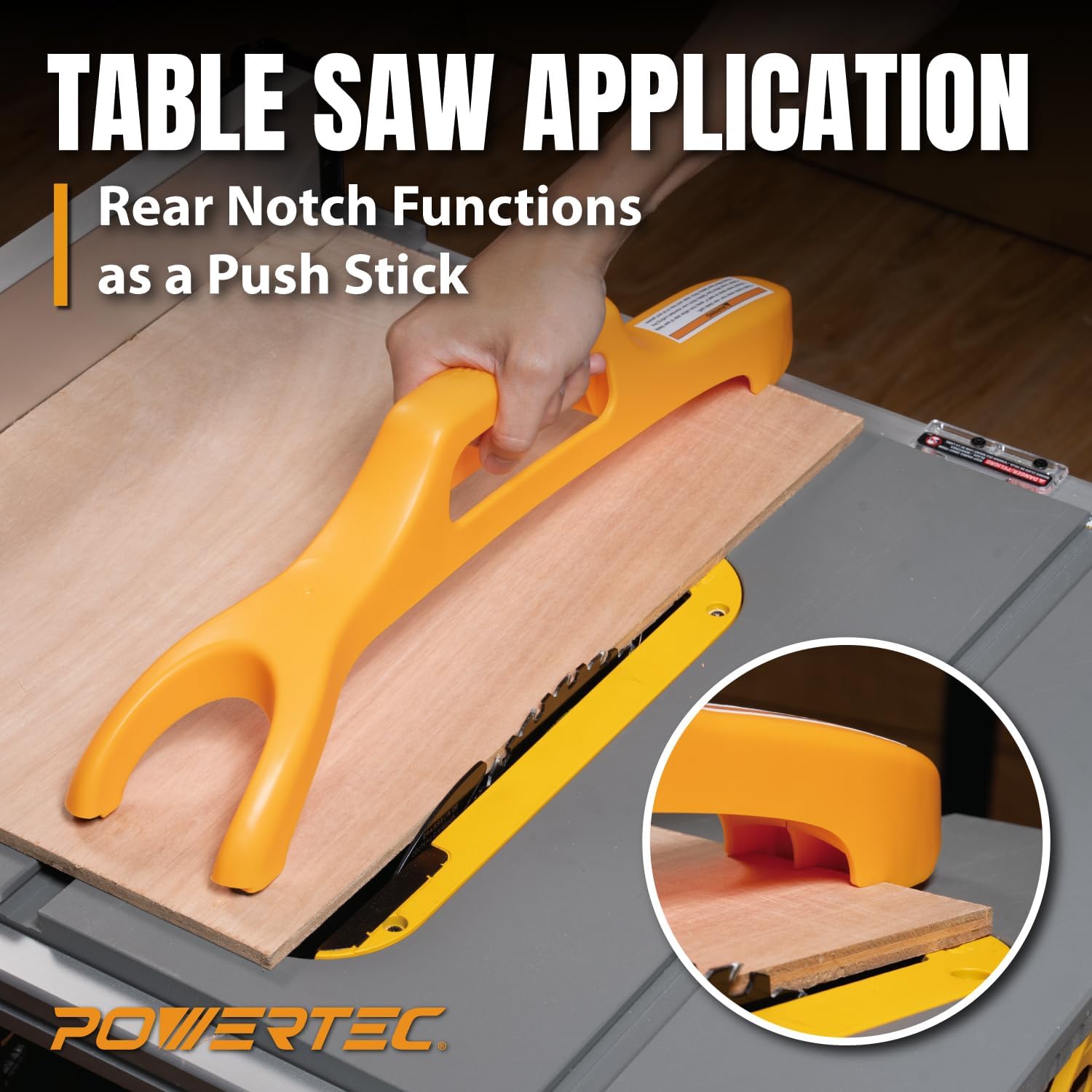 POWERTEC Miter Saw Safety Stick – Safety Push Stick for Table Saw, Jointer, Band Saw, and Router Table – Dual Notch Design with Non-Slip Rubber Pad, Loop Handle Grip (72231)