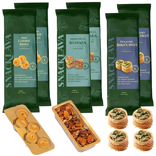 Snacklava - Bocaditos mixtos de Baklava - Paquete de 6 - 3 pistachos (piezas por paquete) 3 nueces (4 piezas por paquete) - Sin ingredientes