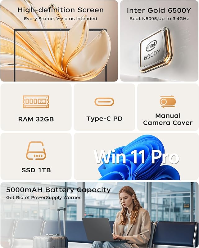 BLUEING 15.6" Laptop Computer, Laptop with 32GB RAM 1TB SSD, Gold 6500Y (Up to 3.4GHz), 1080P FHD IPS Display, Type-C, HDMI, USB3.2, WiFi, Bluetooth, Long Battery Life, Laptops for Business & Student image 4