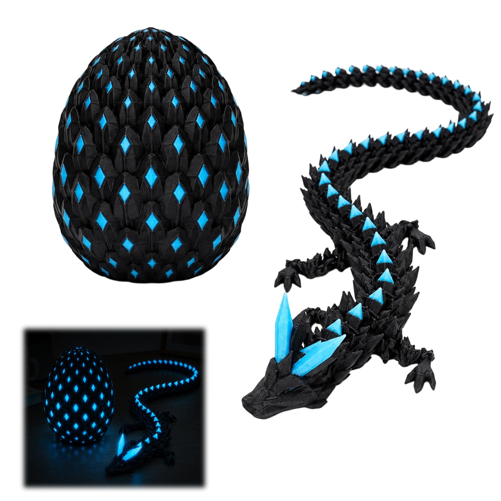 3D Printed Dragon Eggs with Dragon Inside, 2-Piece Dragon Egg Set, Night Glow Blue Design, Creative Home Decor Accent, for Fantasy Collection Display and Desk Decoration
