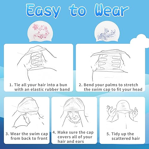 Miniatura 5 de 8 gorros de natación para mujeres adultas, gorro de natación para mujeres de cabello largo de silicona con tapones para la nariz para mujeres