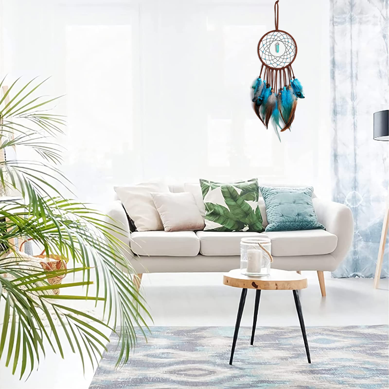 Acchiappasogni, Decorazione per Bambini con Piume Blu indiano Acchiappasogni Grande, da Parete, Arte e Artigianato Accessori per la Casa Ottimo Regalo