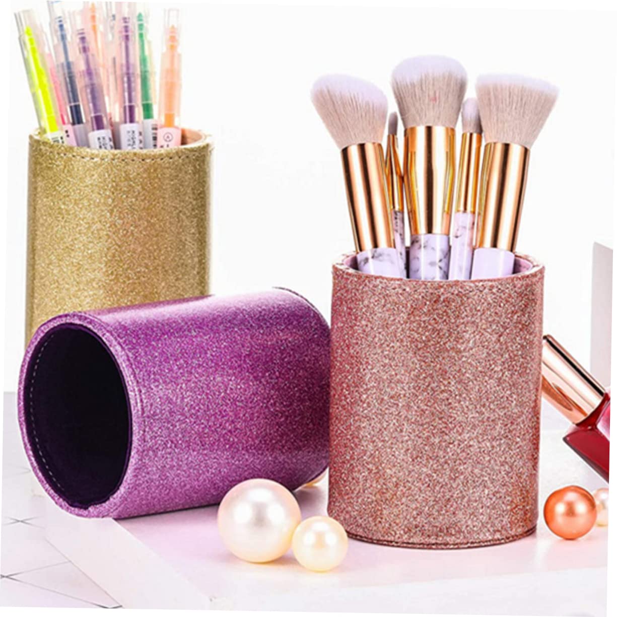 Ciieeo 4 Stück Luxus-stiftehalter Mit Glitzer-design Leder Make-up-pinselhalter Pu-schreibwarenaufbewahrung Stiftetopf Fürs Büro