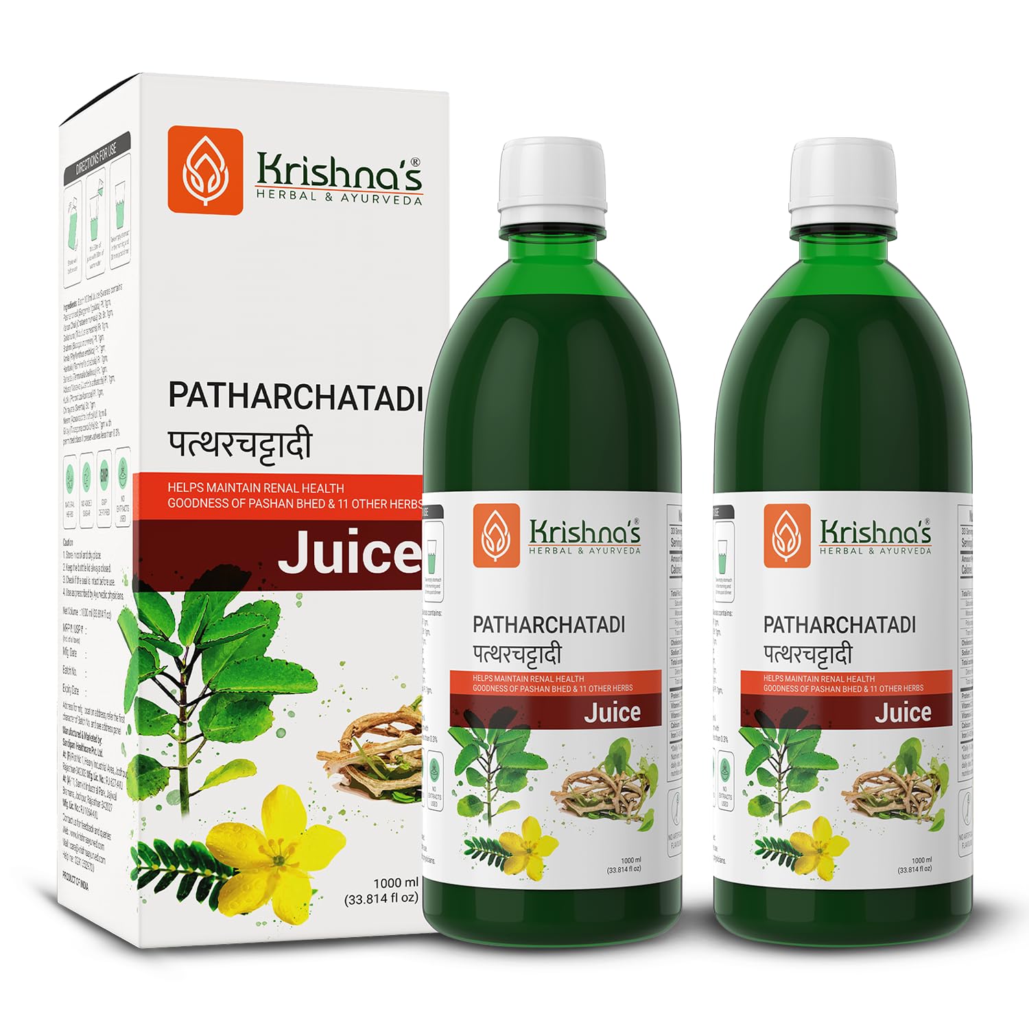 Krishna's Patharchatadi Juice - 1000 ml | Dissolve or Break The Stone | Goodness of Pashanbhed, Adulsa, Kutki & Amla | Blend of Ayurvedic Herbs for Kidney - (Pack of 2)