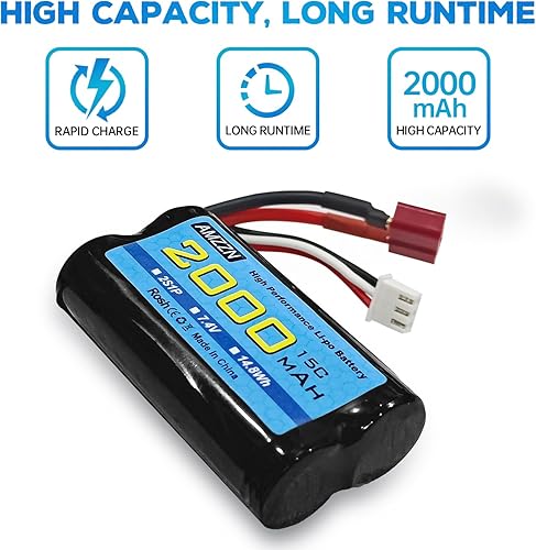 Miniatura 7 de 2 baterías Lipo de 7.4 V 2000 mAh 15C 2S con enchufe en T y cargador 2 en 1 para WLtoys 12423 12401 12403 12428 Autos RC de alta velocidad 110, 112,