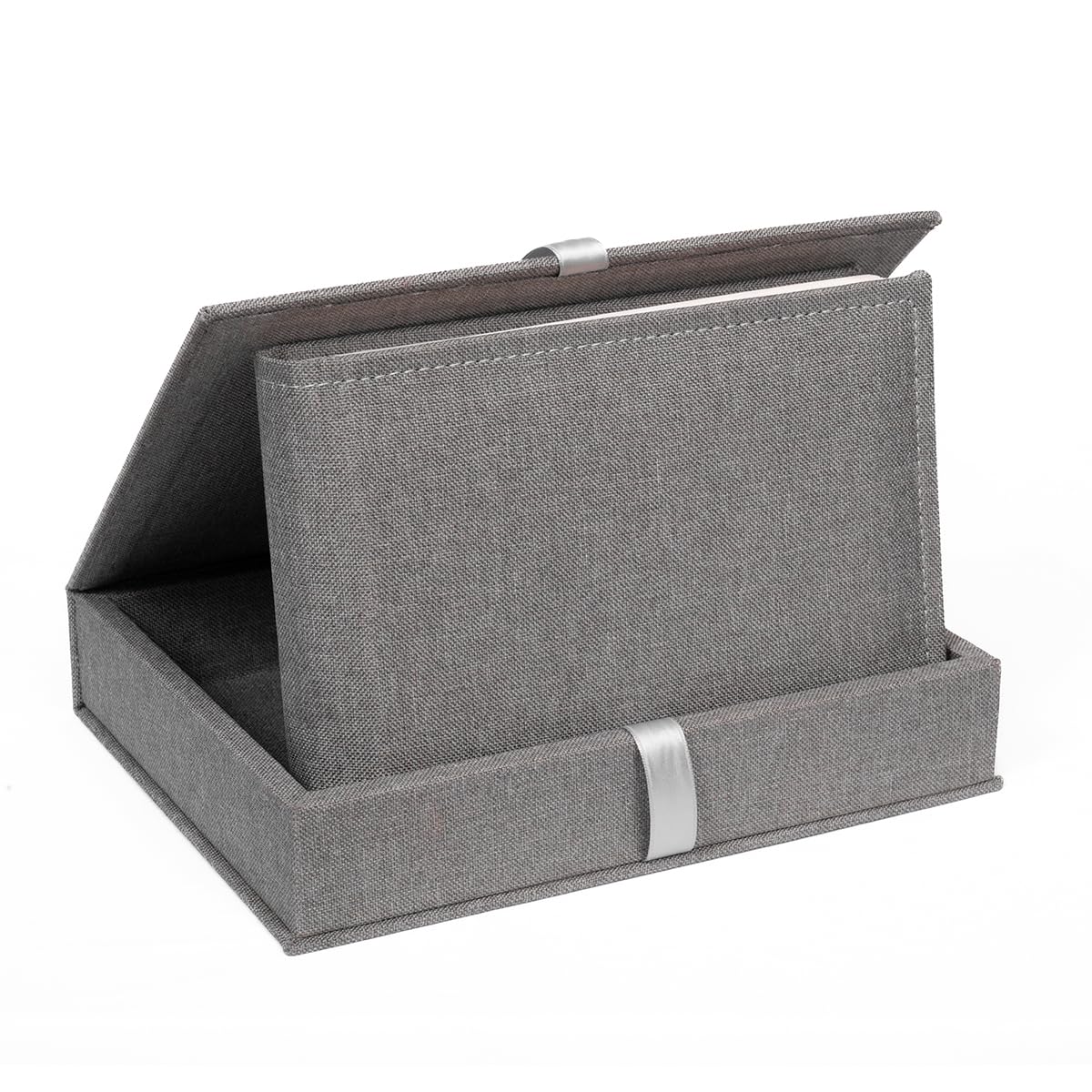 Álbum de fotos de 20 x 15 cm con funda de tela gris, 25 x 20 cm, caja con álbum