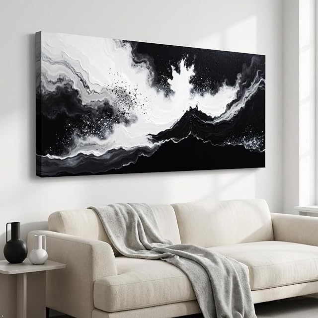 Black and White Canvas Wall Art – Abstract Fluid Ink Painting – Modern Minimalist Wall Decor for Living Room, Bedroom, Office – Monochrome Neutral Artwork – Ready to Hang 100x50cm