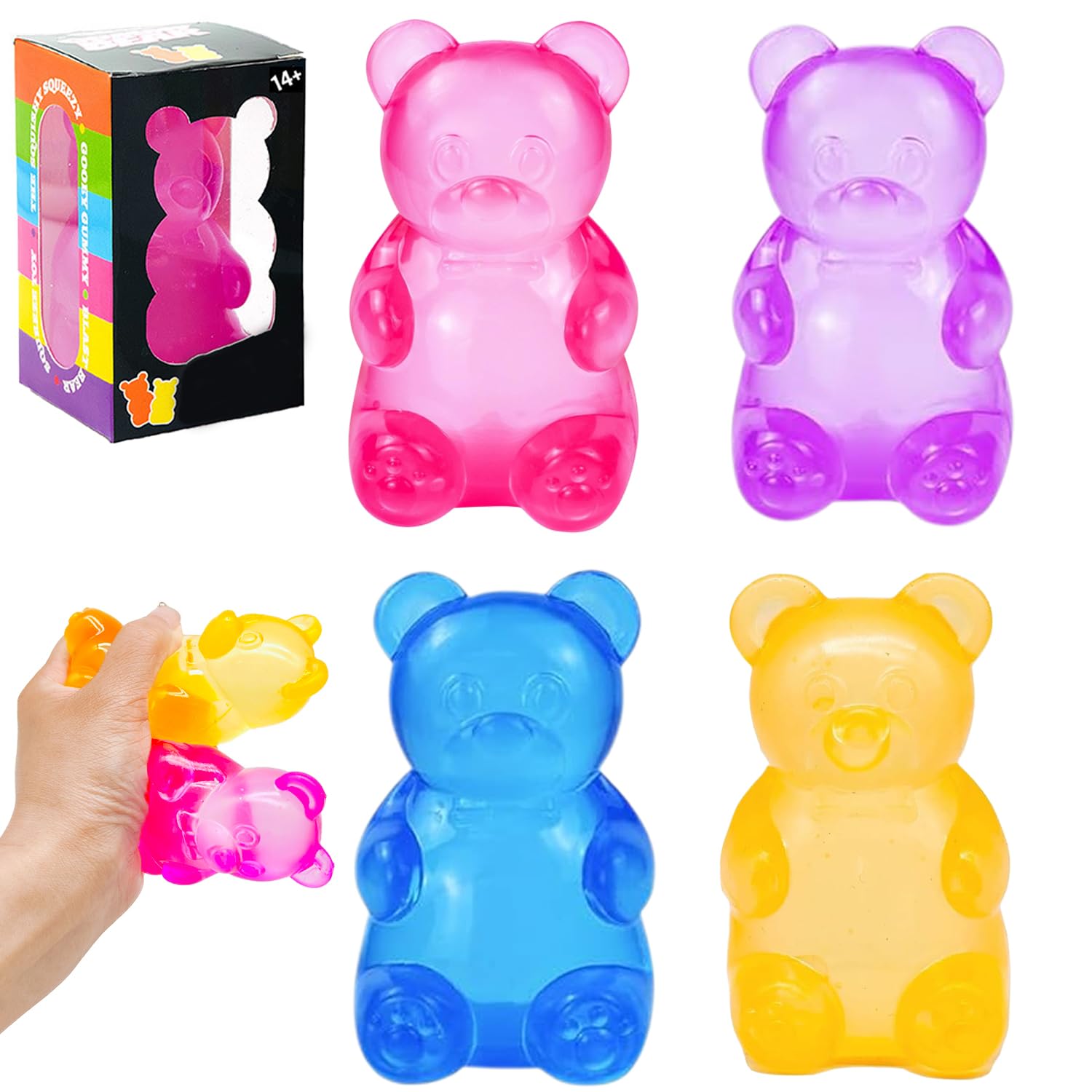 4PCS Bear Doh Fidget Toys, Stress Balls for Adults, Squishy Stress Relief Toys, Sensory Squeeze Toy for Anxiety Relief, Finger Exercise Tool, Birthday Easter Gifts for Kids, Stocking Fillers