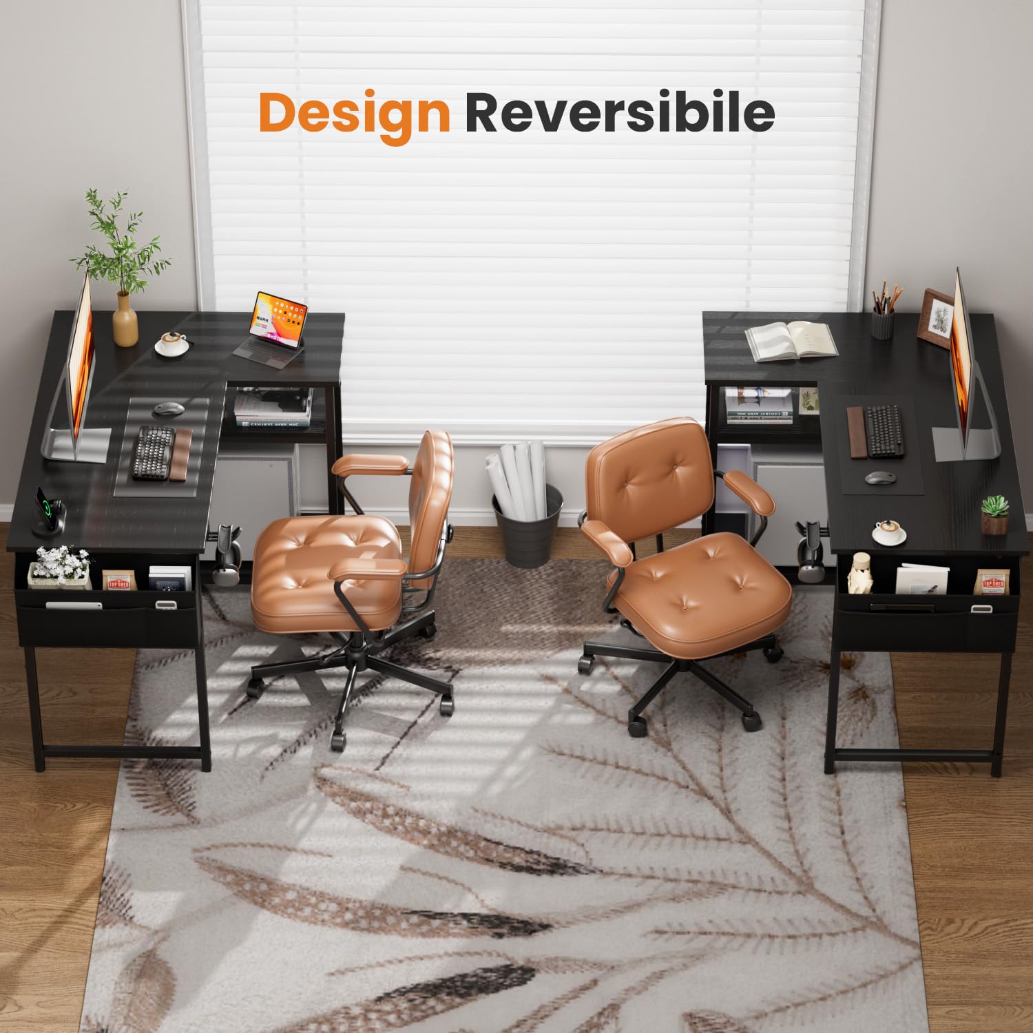 SOLAVERO Scrivania Angolare Reversibile 110 x 80 cm, Scrivania a L con Borsa Portaoggetti, Tavolo Computer con Ripiani, per Ufficio, Studio and Soggiorno, Tavolo Gaming Nero