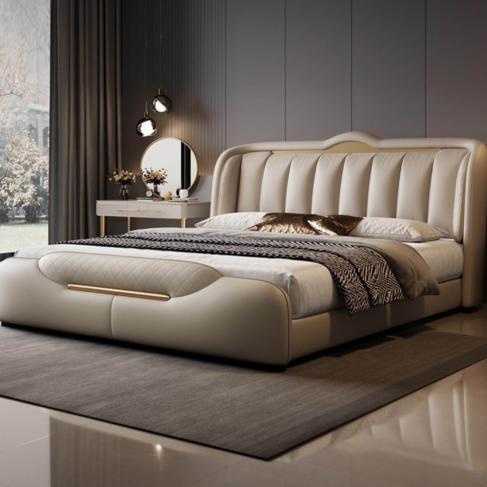 Gray King Size Genuine Leather Wood Bed Upholstered Platform Bed Frame Upholstered Platform Bed Frame No Box Spring
