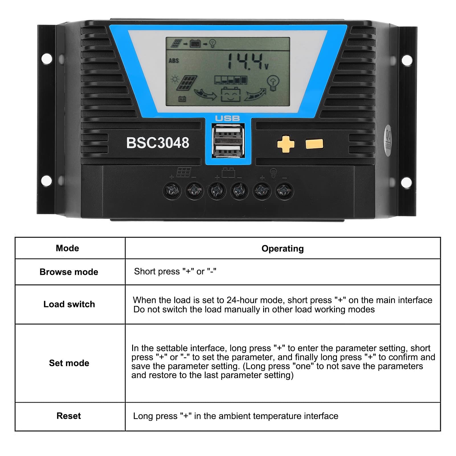 Regulador de carga solar, regulador solar, resistente al agua, control de carga con pantalla LCD, batería de litio, compatible con controlador solar BSC3048, 30 A, 12 V/24 V/36 V/48 V