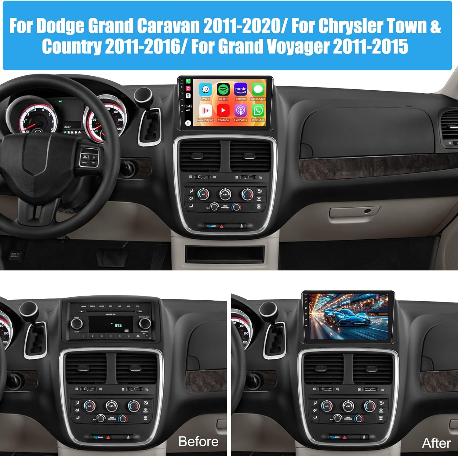 Before and after installation of the SIXTOP Android Car Stereo in a Dodge Grand Caravan dashboard, showing the original radio and the new 9-inch touchscreen unit.