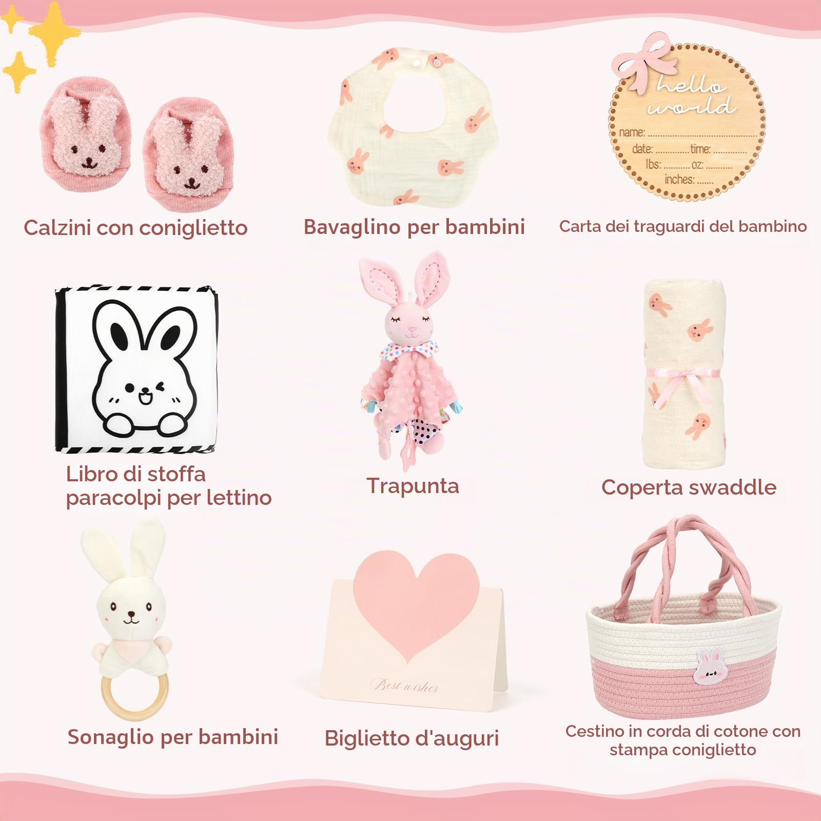 Regalo neonato, set regalo per ragazze, libro sensoriale, coperta, calzini fasciatoio, sonaglio, bavaglini, biglietti miliari, regalo per la nascita, baby shower (tema rosa coniglio)