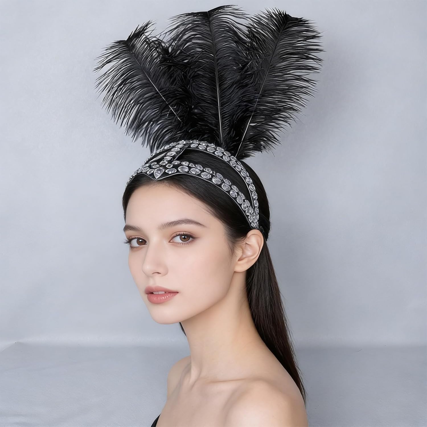 [FANSHINUO] 1920年代の羽付きヘアバンド、輝くラインストーン付きヘッドアクセサリー、ハロウィーンパーティーや卒業イベン