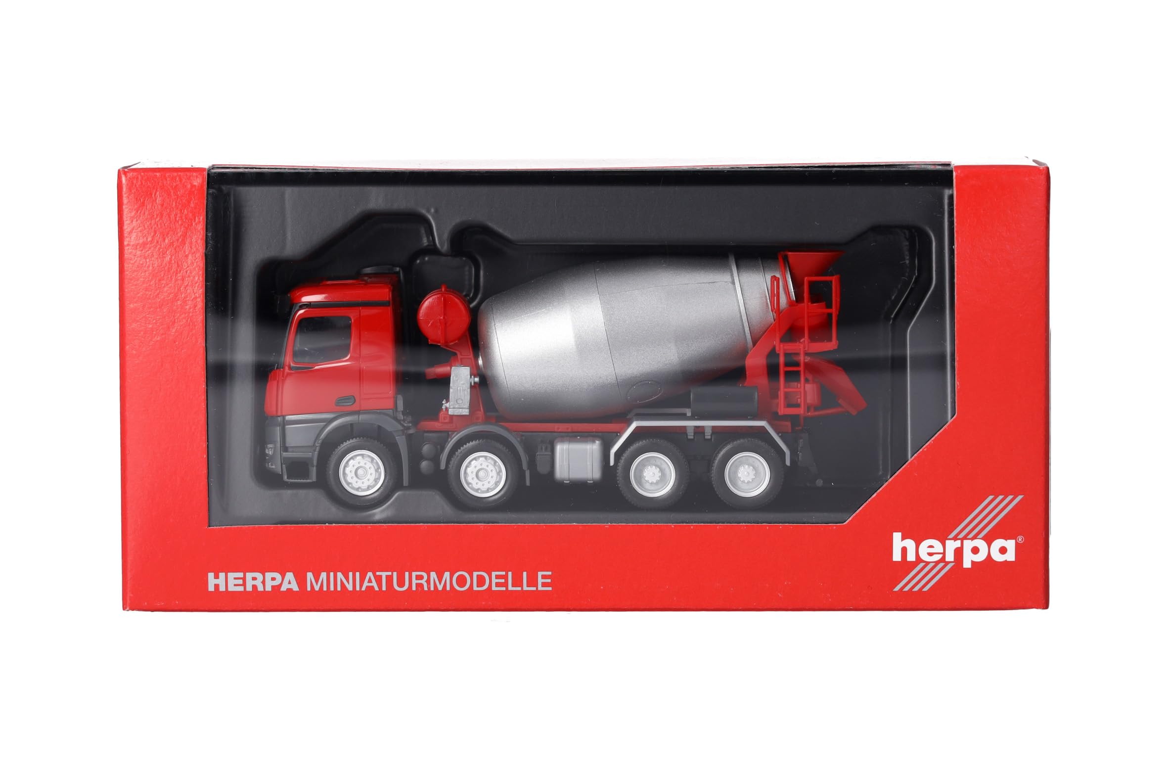 Herpa LKW Modell Mercedes-Benz Arocs M Betonmischer-LKW 4-achs, rot/Silber, Miniatur im Maßstab 1:87, Sammlerstück, Made in Germany, Kunststoff