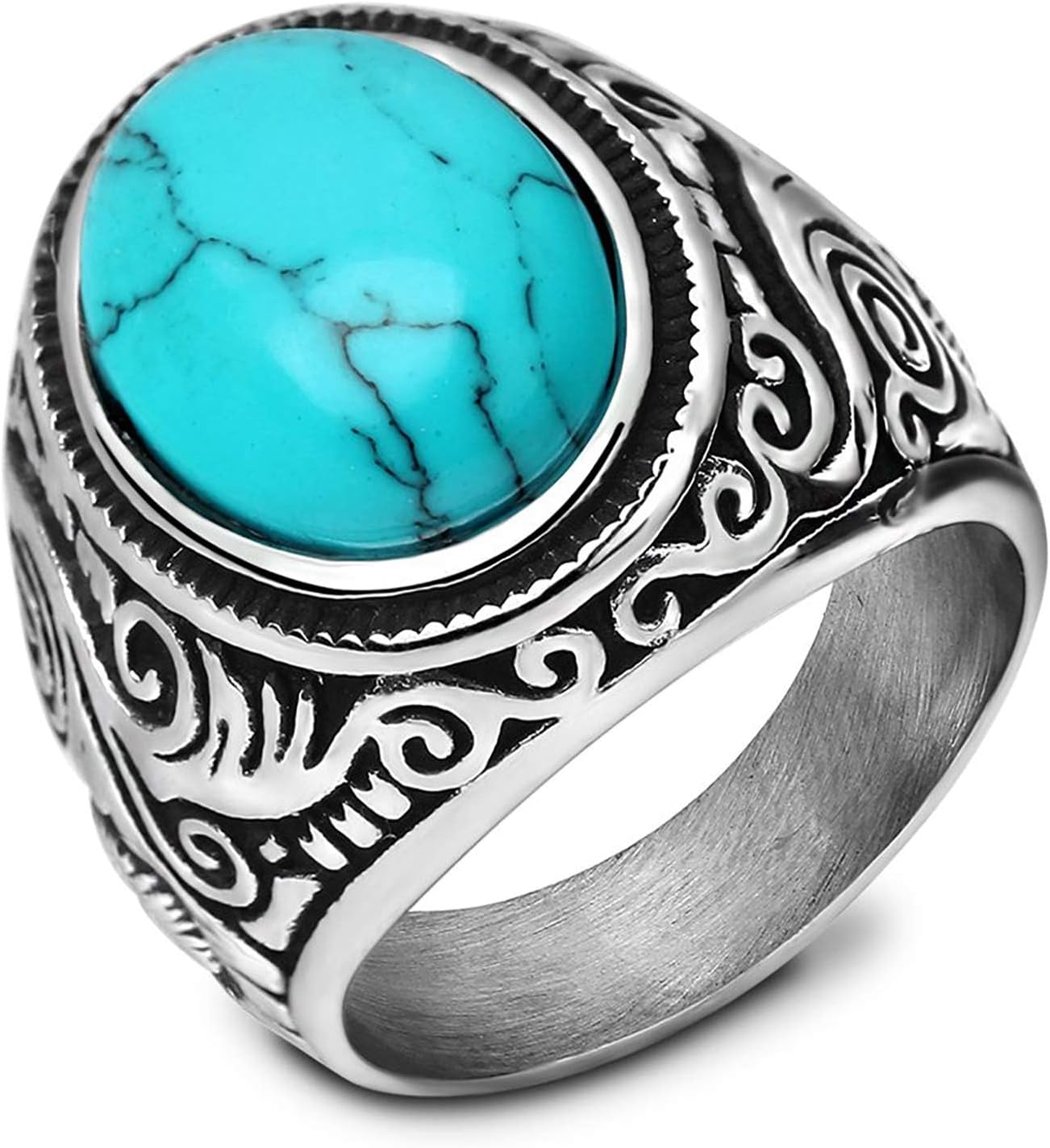 Retro Vintage Stone Rings for Men Turquoise Rings Stainless Steel Signet Biker Band