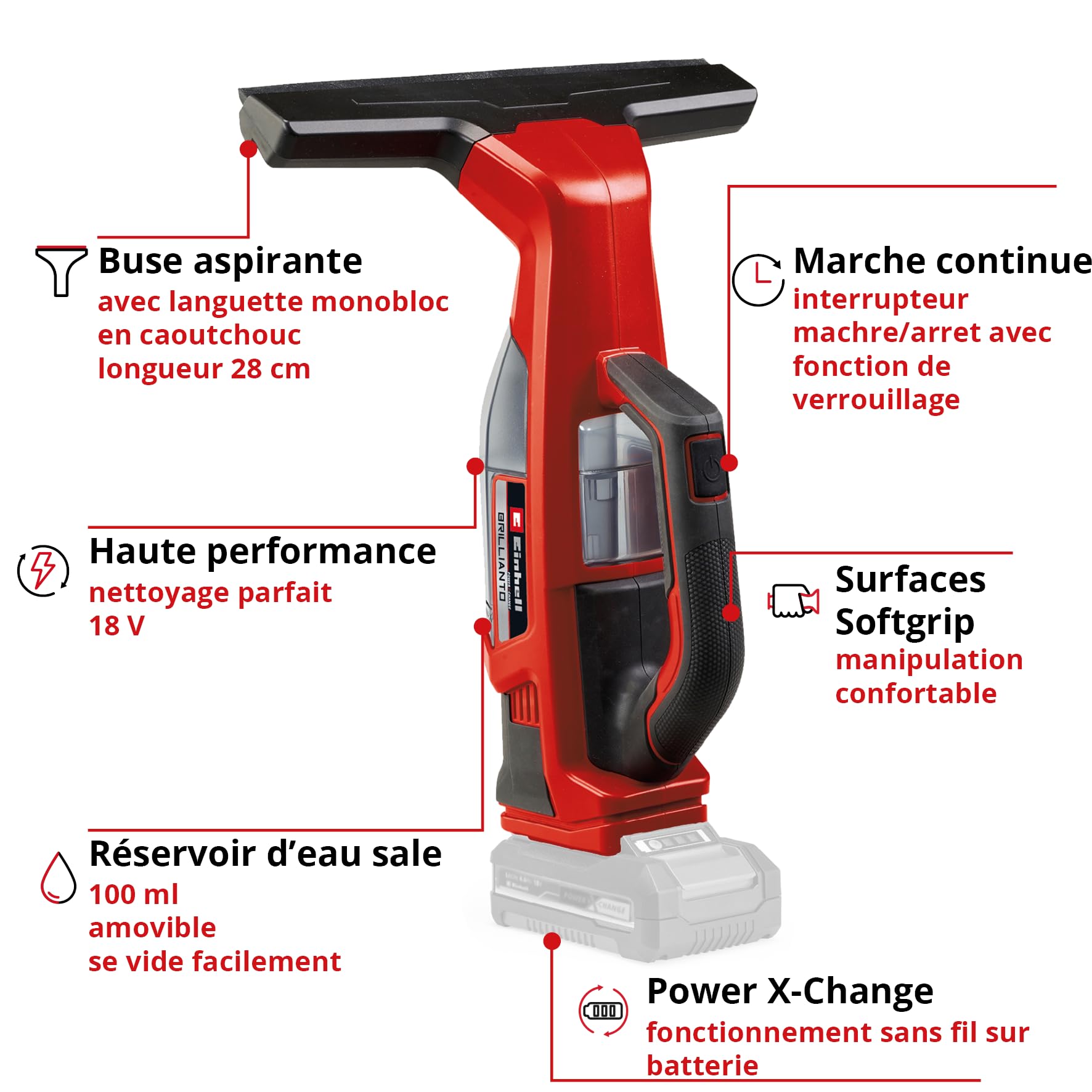 Einhell Nettoyeur de vitres sans Fil BRILLIANTO Solo Power X-Change (18 V, buse aspirante de 28 cm) Livré sans Batterie ni Chargeur