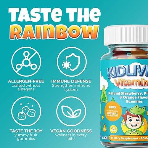 Miniatura 5 de KIDLIVITA Gomitas multivitamínicas para niños, vitaminas A, C, B3, B6, B9, B12 con zinc. Sabores de naranja, fresa, piña con cero azúcar para apoyo