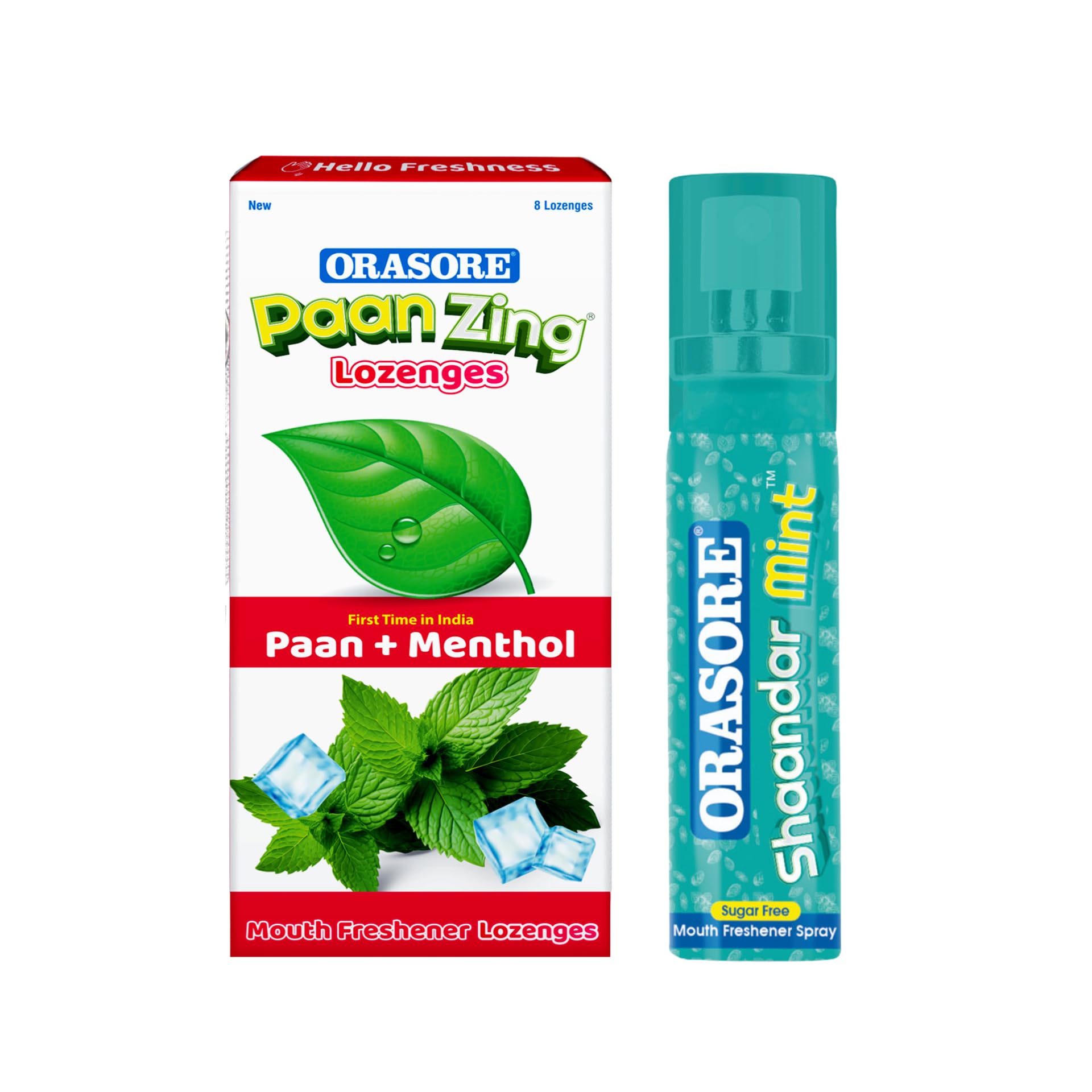 ORASORE Paan Zing 8 Lozenges (Paan + Menthol) with Shaandar Mint Spray 15g | Sugar Free Mouth Freshener Combo | Easy Carry Pack