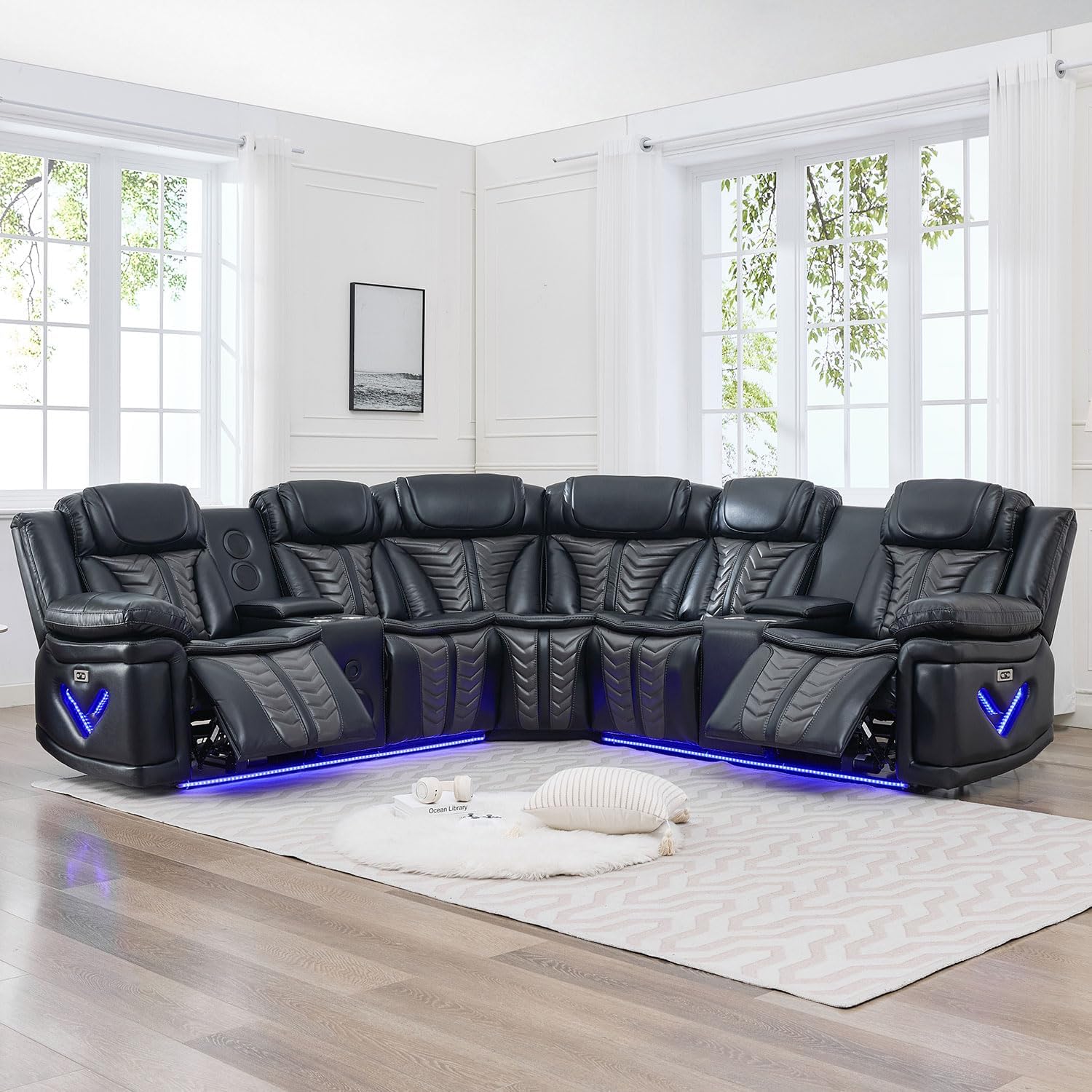 Power Electric Recliner Sectional Sofa Couch with Bass Speakers for Living Room, Faux Leather Sectional Reclining Corner Couches Sets with LED Lights, Home Theater Sectionals with Recliners, Black