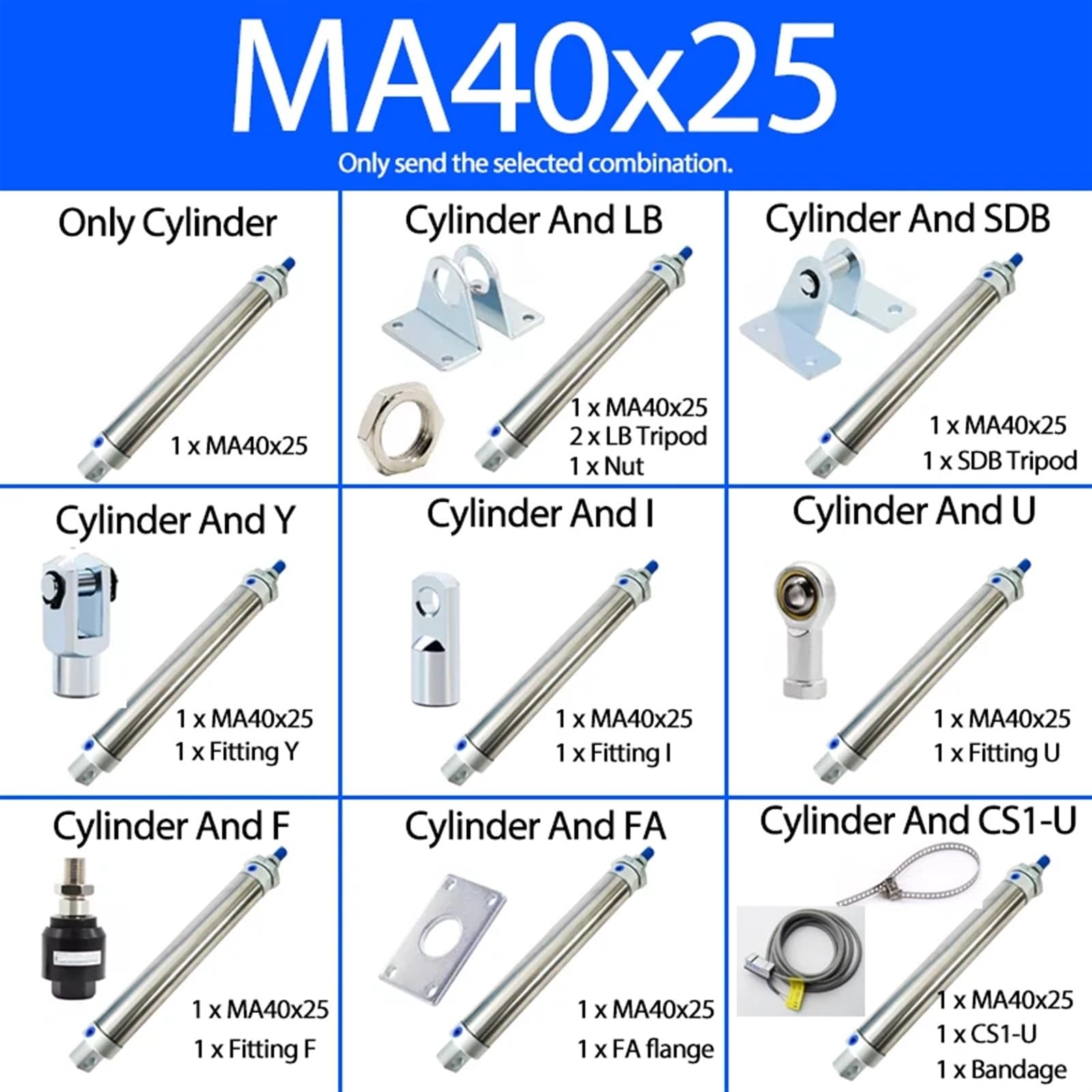 Pneumatischer Luftzylinder, 40 mm Bohrung, Edelstahl, doppeltwirkend, Mini-Rundzylinder MA40x25-CA-S, MA40x50-CA-S, MA40x500-CA-S, Zylinder und Y, 1 Stück(MA40x25-CA-S)