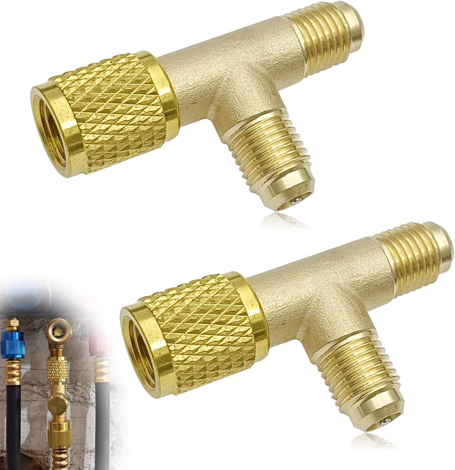 2 Piezas Tee Acoplamiento Rápido, Válvulas Latón 1/4" para Manifold R12 R22 R134