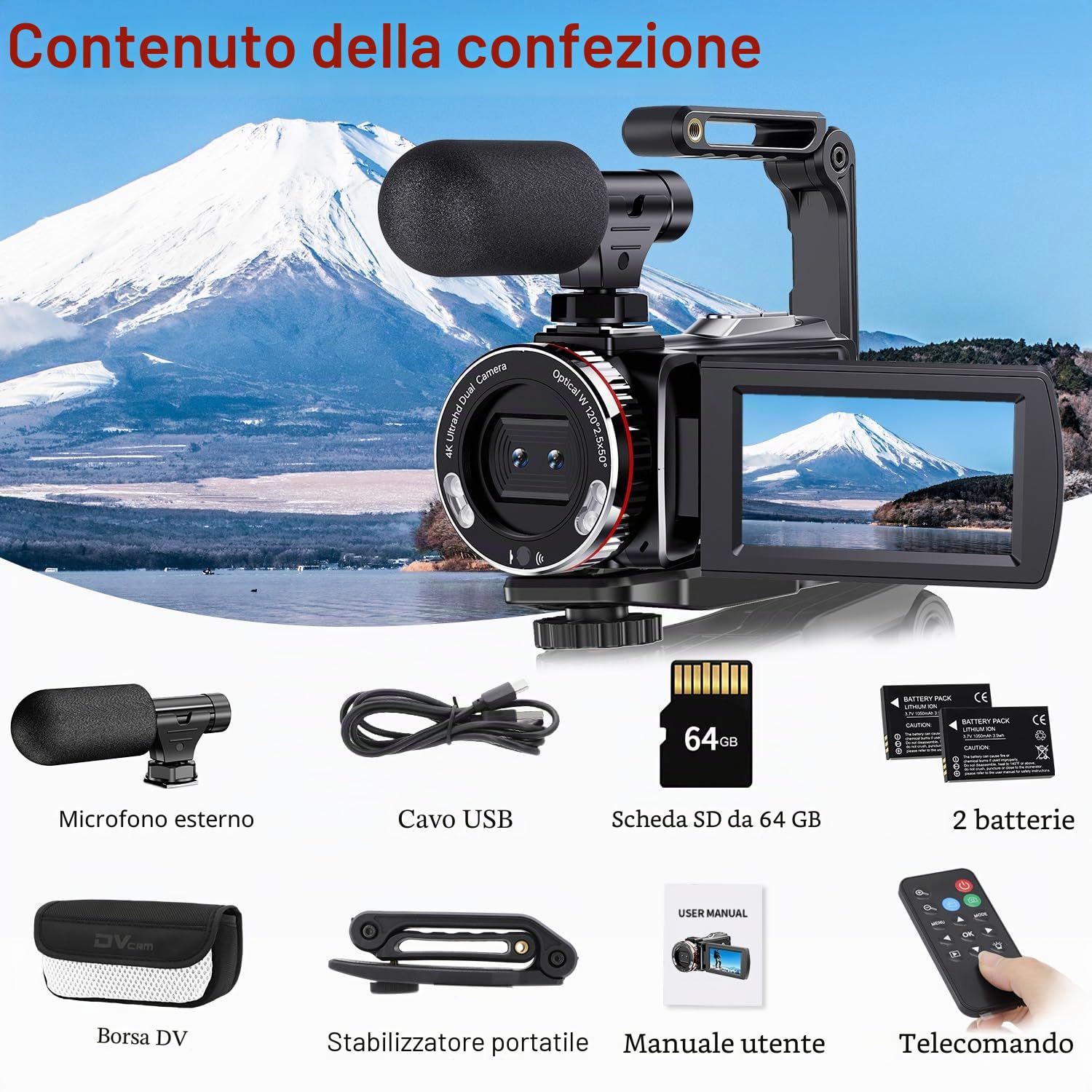 Videocamera 4K 64MP per YouTube, Dual Camera 3" Screen Girevole a 270°, Scheda 64GB, Microfono, Stabilizzatore, Telecomando, 2 Batterie