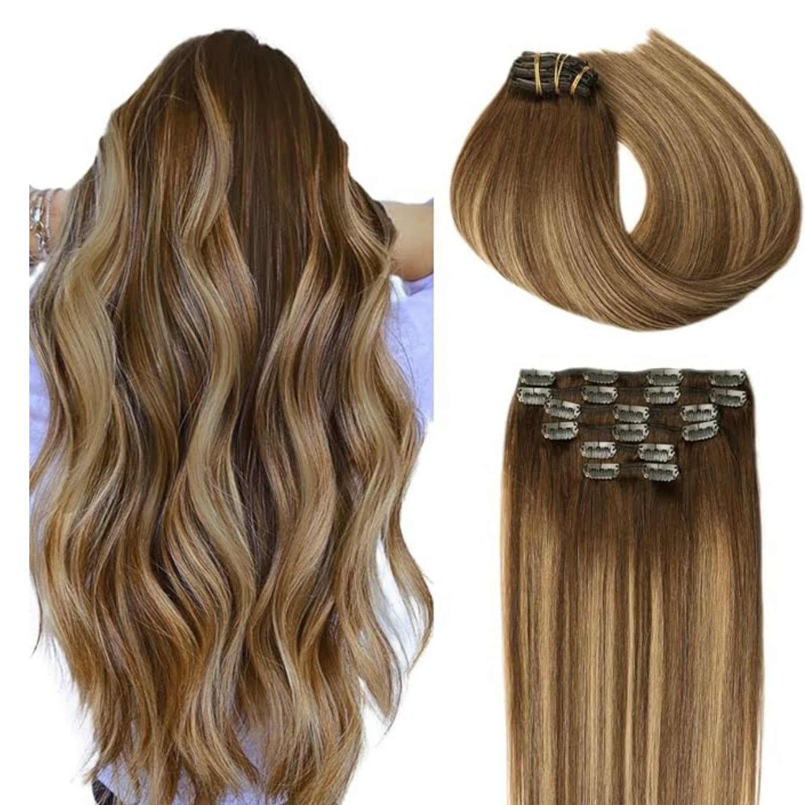 SURNEL Extensiones De Clip De Pelo Natural Balayage Marrón Chocolate a Rubio Caramelo 100g 35cm 6 Piezas Extensiones De Clip De Humano Real Extensiones Pelo Remy (C#4/27/4-35cm)