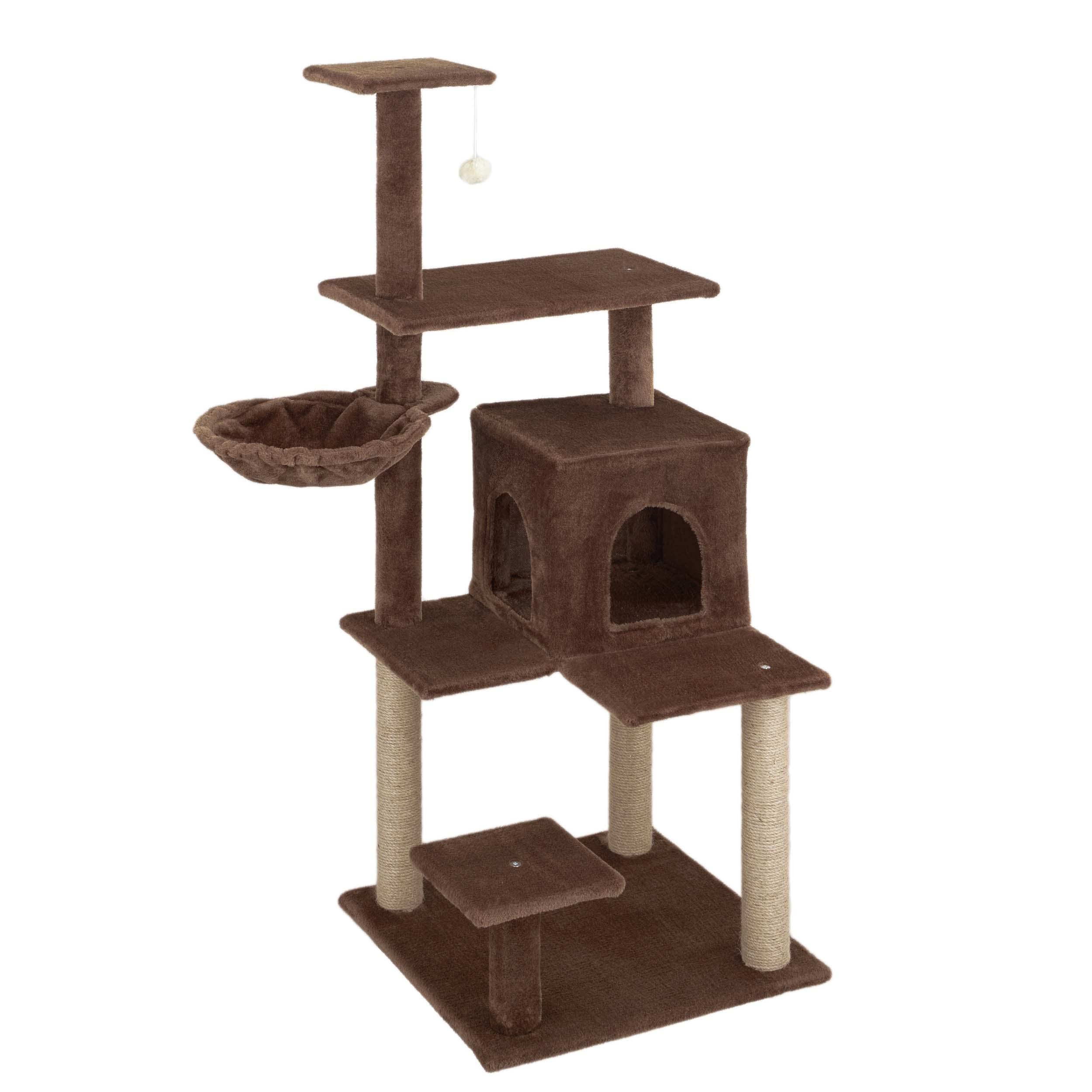 Baroni Home Tiragraffi ad Albero per Gatti, Tiragraffi per Gatti e Gattini, 4 Piani con Palla, Amaca e Cuccia Rettangolare, 45x45x122 cm, Marrone
