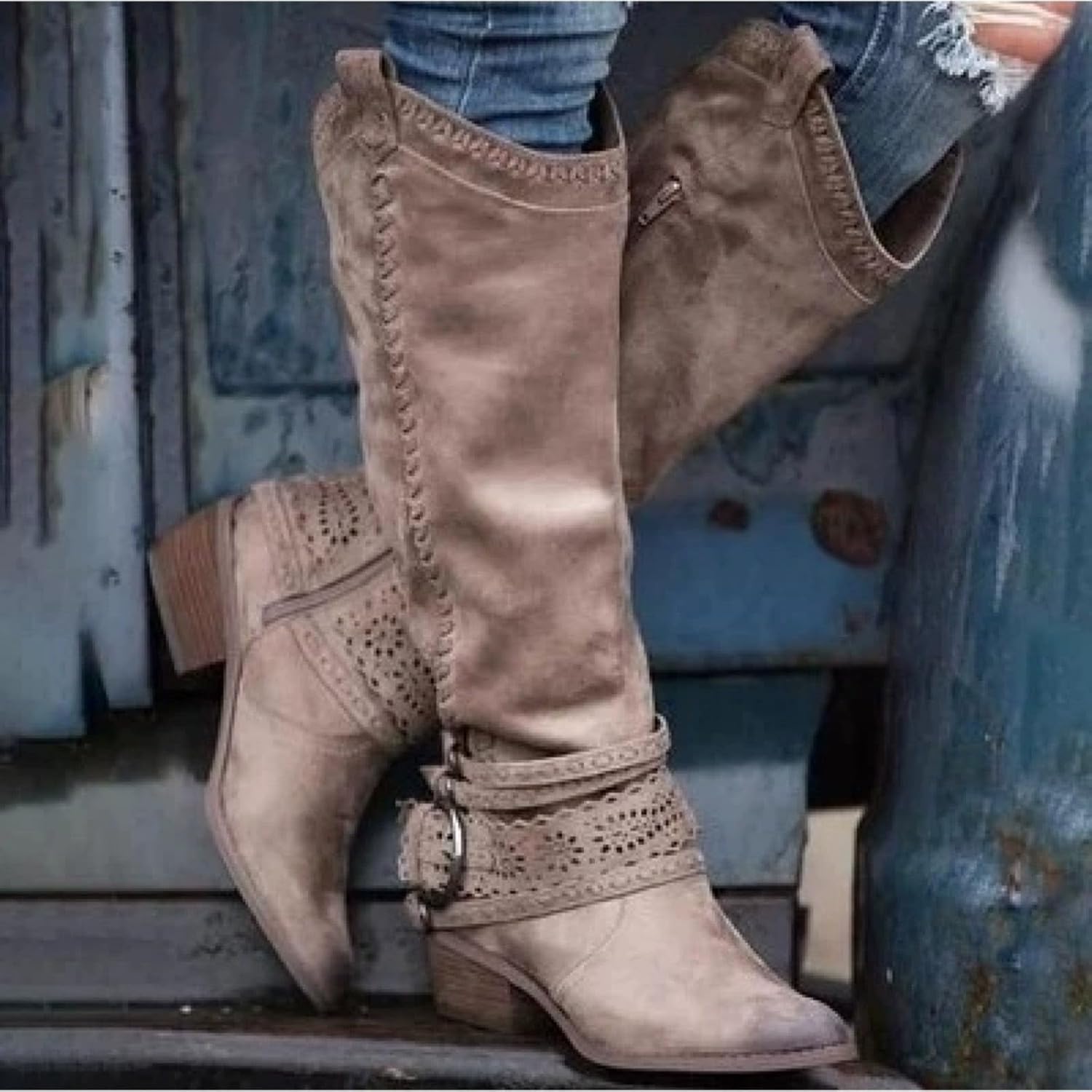 Women's Mid Calf Dress Boots Comfortable Western Boot Biker Motorcycle Riding Boots Pointed Toe Chunky Block Mid Heels Knee Length Long Booties Motorcycle Shoes