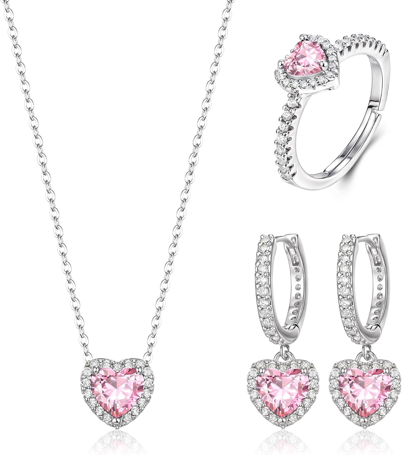 Crysdue 3/4 Pcs Heart Jewelry Set for Women, Cubic Zirconia Pendant Necklace Hoop Earrings Open Ring Charm Tennis Bracelet Set for Prom Party, Birthday Valentines Mothers Day Christmas Jewelry Gift