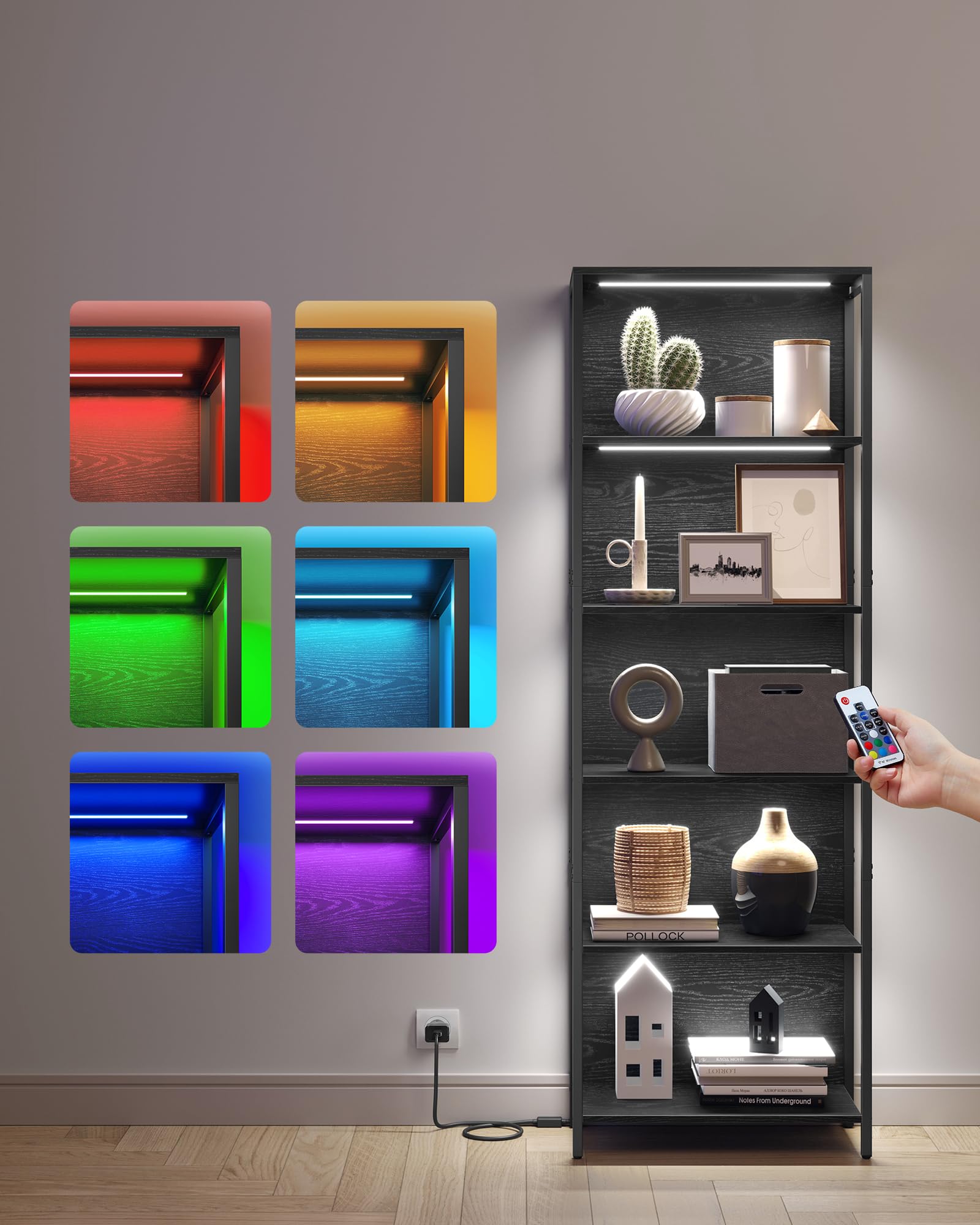 VASAGLE Scaffale a 6 Ripiani con Luce LED Dimmerabile, Libreria con Struttura in Acciaio, 30,3 x 60 x 178,6 cm, per Soggiorno, Camera da Letto, Ufficio, Nero Ebano LLS120B57