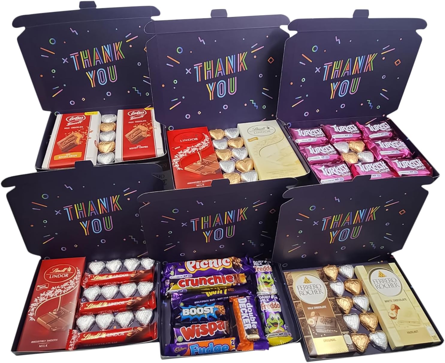 evelayThank You Gift Box Hamper Containing 1x Milk Bar 1x Ferrero Rocher White Chocolate Bar 5x Silver Milk Chocolate Hearts 5x Blue Wrapped Milk Chocolate Hearts