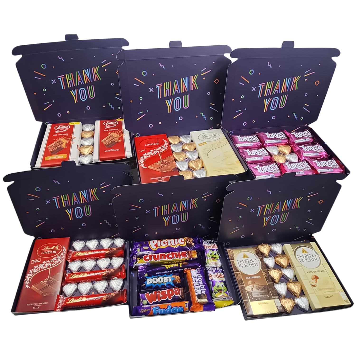 evelayThank You Gift Box Hamper Containing 1x Milk Bar 1x Ferrero Rocher White Chocolate Bar 5x Silver Milk Chocolate Hearts 5x Blue Wrapped Milk Chocolate Hearts