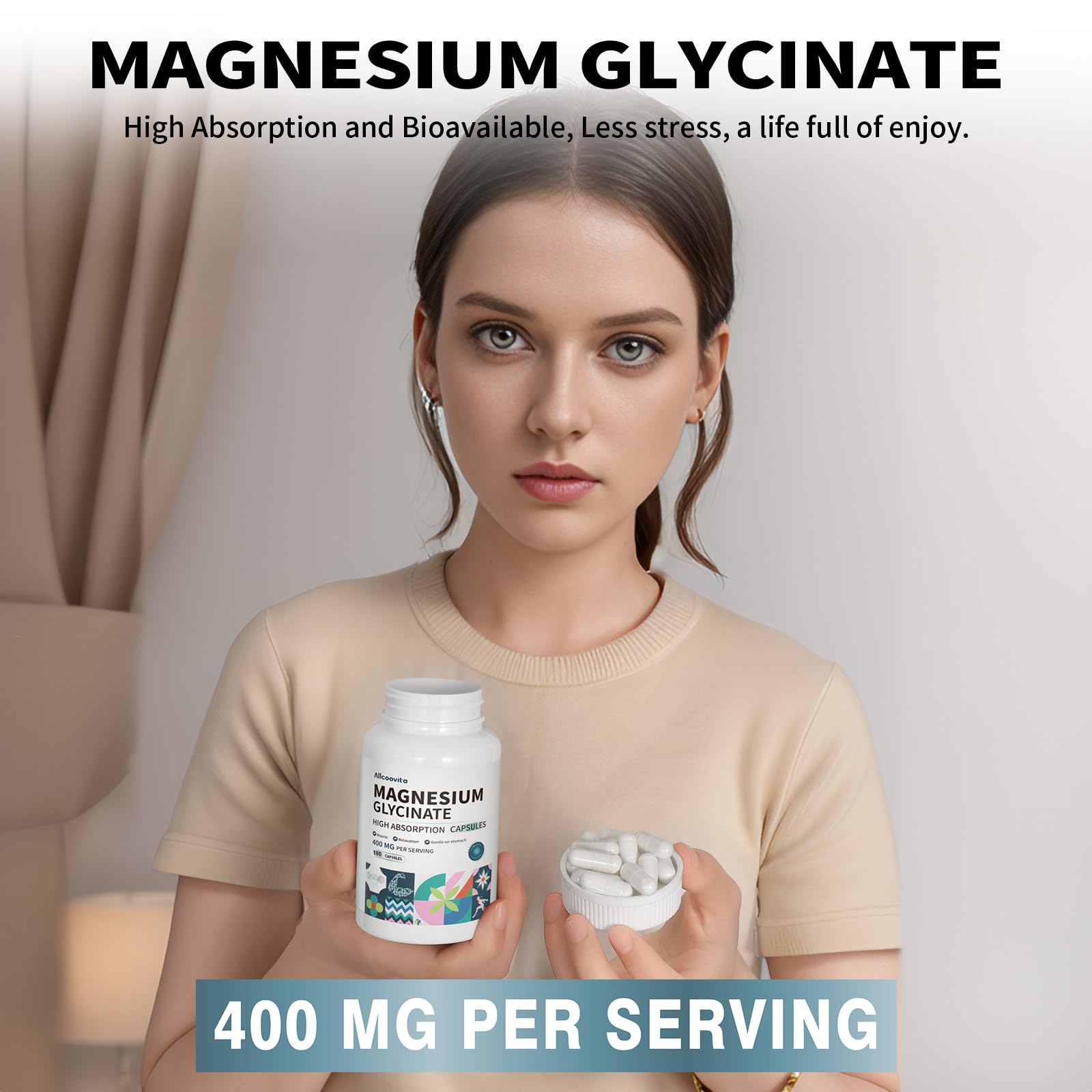 Magnesium Glycinate 400 MG per Serving 100% Chelated for High Absorption, Gentle On Stomach, Non-GMO, 180 Vegetarian Capsules