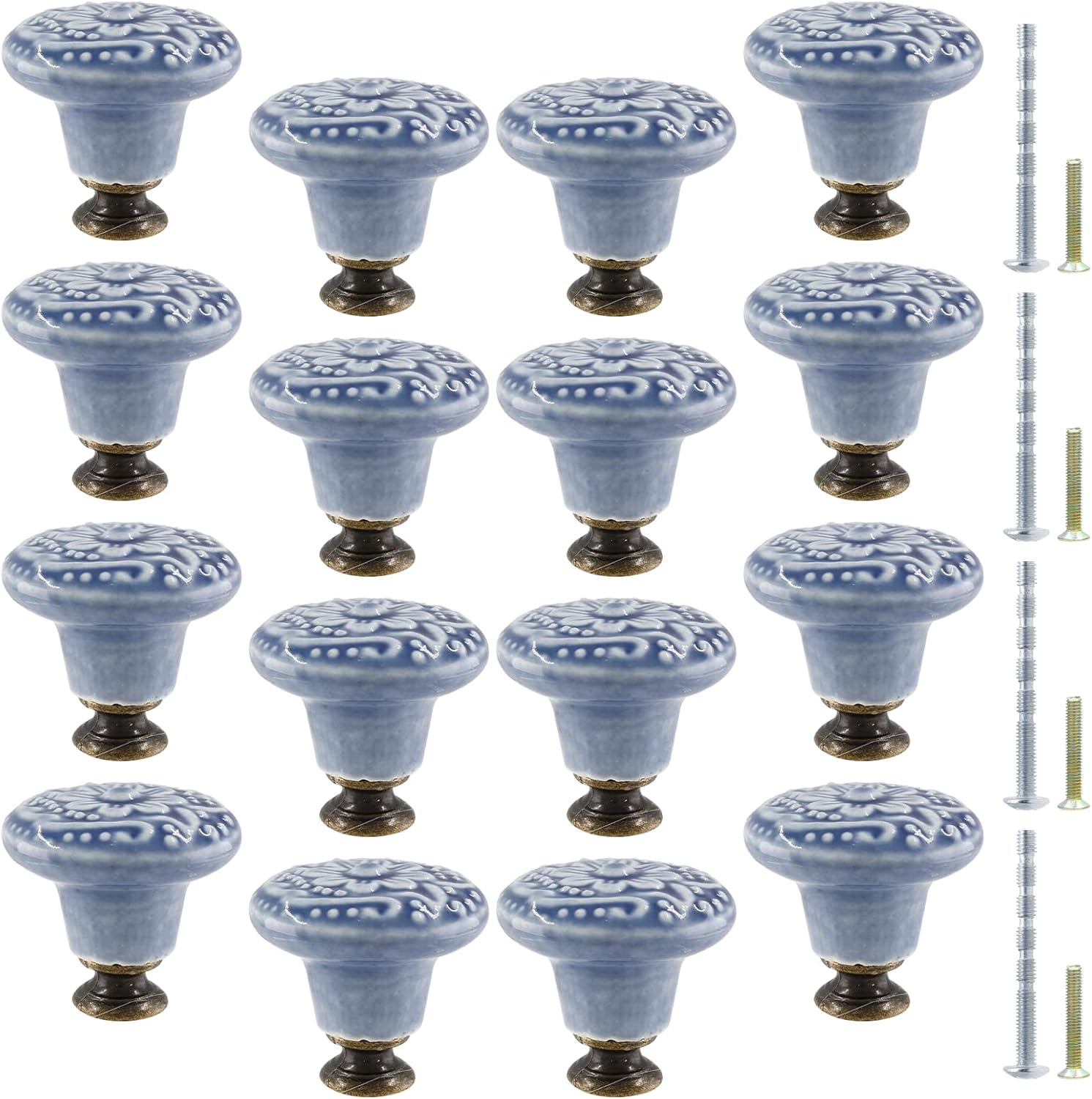 16pcs Greyish Blue Ceramic Knobs, Vintage & Retro Kitchen Cabinet Knobs & Pulls, Decorative Drawer Handles for Closet & Cupboard