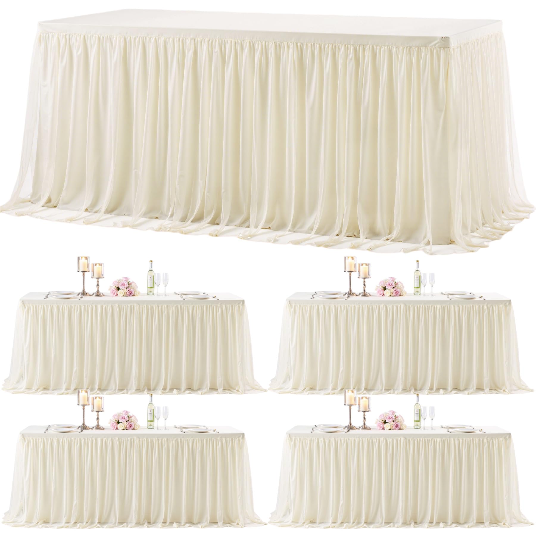 4 Pack 6ft Ivory Tulle Tablecloths for Rectangle Tables 6 Foot Ivory Rectangular Table Cloth Wrinkle Free Table Cover with Tutu Skirt for Wedding Baby