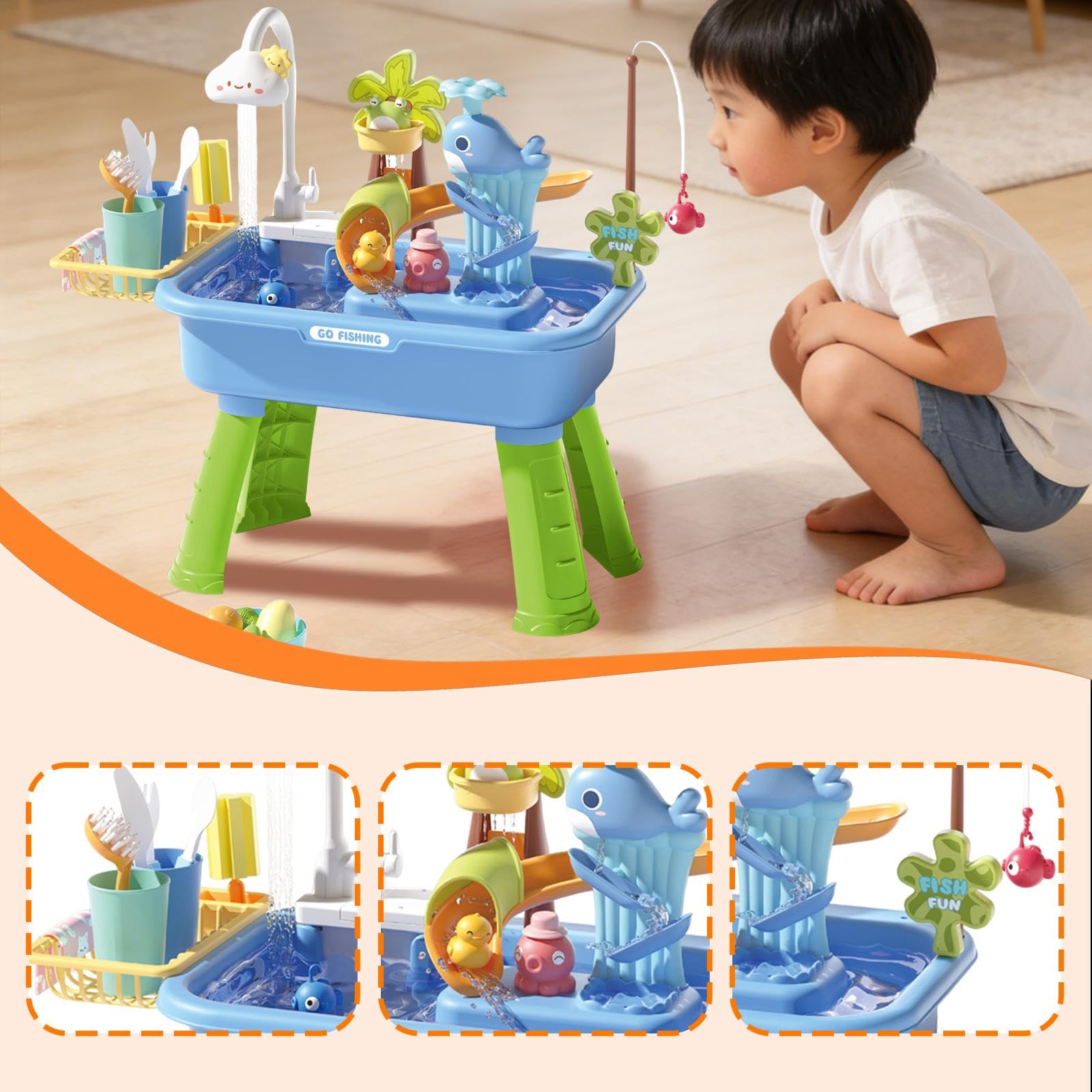 43 Pezzi di Giocattoli da Cucina, Set di Giochi di Ruolo, lavastoviglie, Accessori per Cucinare, Pesca, Set interattivo per Giocare a Fare Finta, Blu
