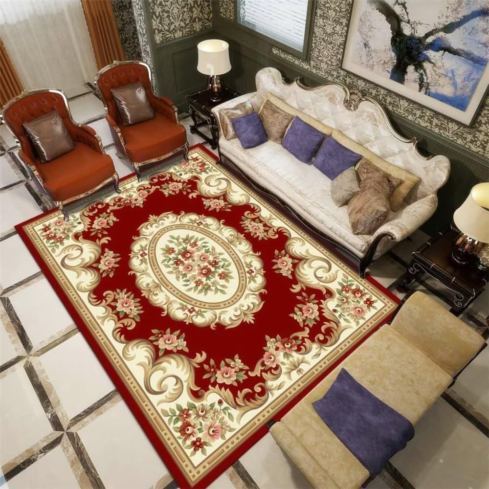 Tapis de salon lavable en machine grand format 200x300 motif floral rouge