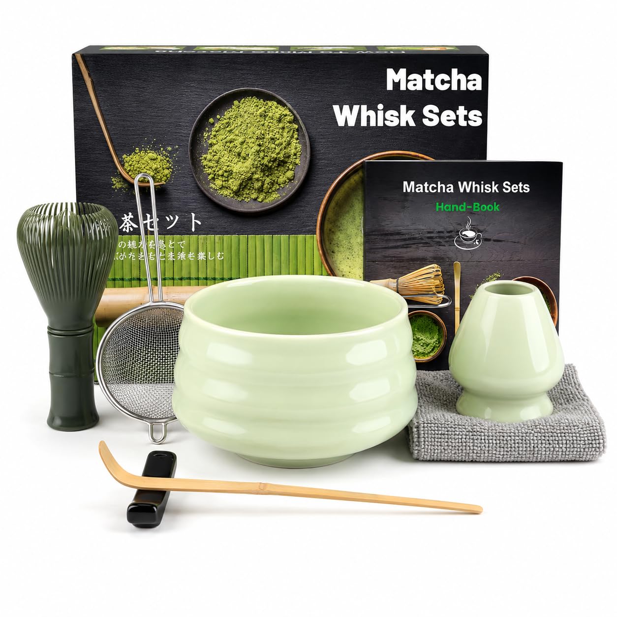 7 Pcs Matcha Whisk and Bowl Set, Light Green Complete Matcha Making Kit with Plastic Whisk, Ceramic Bowl, Whisk Holder, Scoop, Sifter & Tea Cloth, Japanese Matcha Tea Set for Beginners