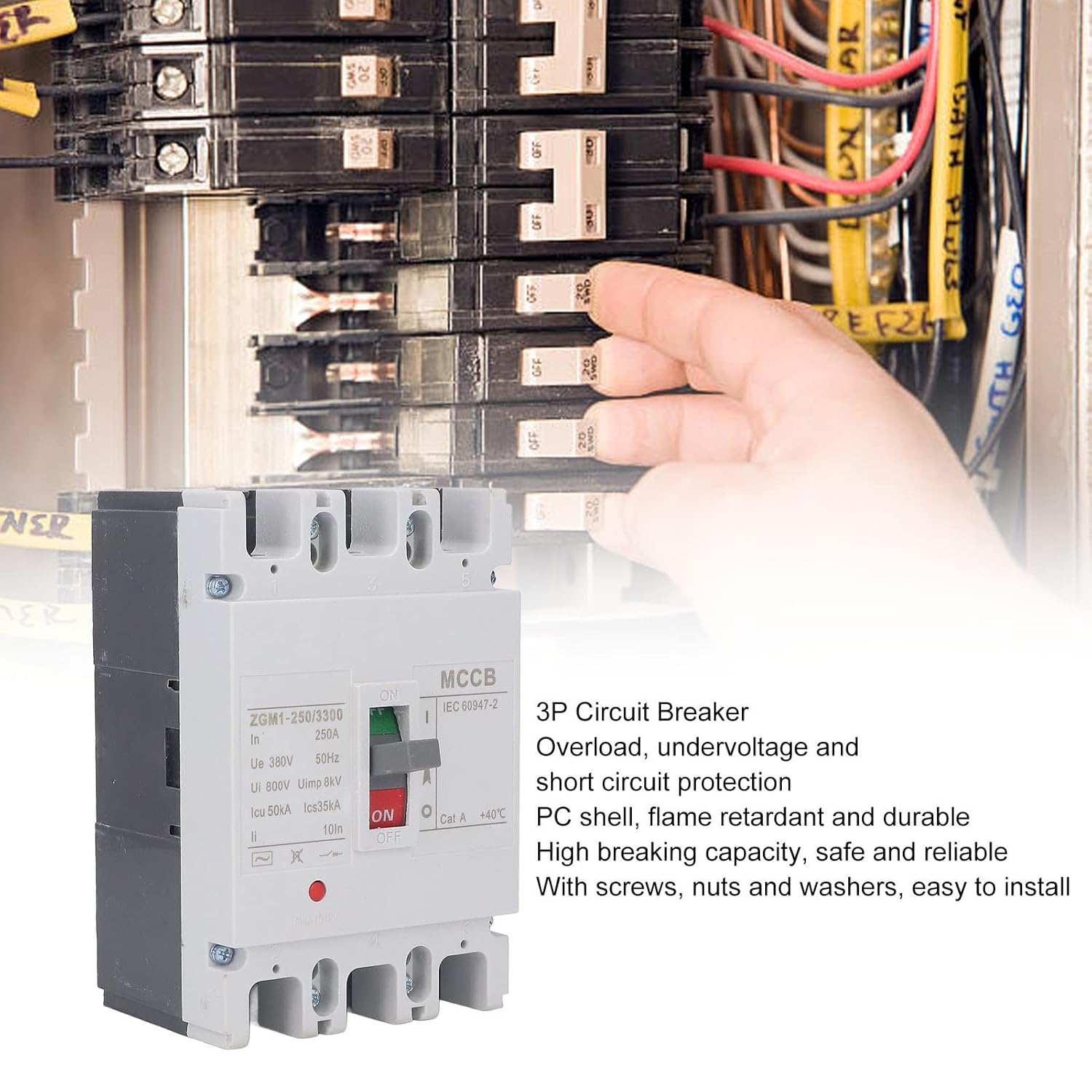 AC Miniature Circuit Breaker, 3 Pole ZGM1-250/3300 380V 250 Amp Isolator for Solar AC System and Other AC System, Rail Mount, Thermal Magnetic Trip, AC Disconnect Switch