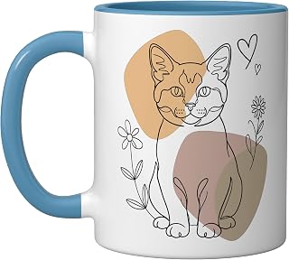 Line Art York Chocolate Cat Minimalist Ceramic Mug, Blue/White