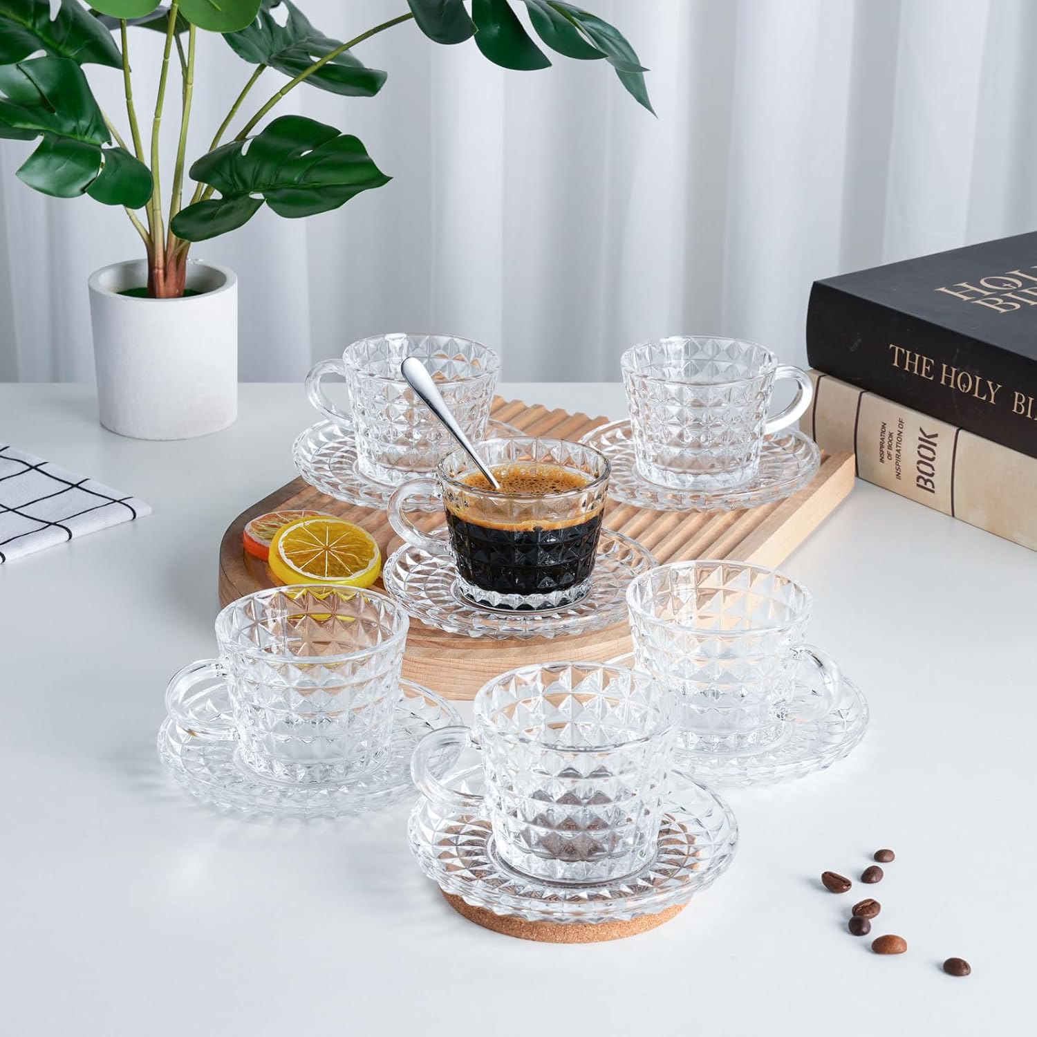 Glass Espresso Shot Cups with Saucers Set of 6, Clear Small Demitasse Cup with Stainless Steel Spoons, Dishwasher Safe Coffee Mugs for Tea Hot Chocolate Cappuccino, 5OZ/150ML, Diamond