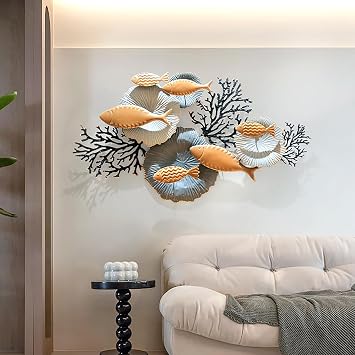 Luxury Metal Wall Art Decor, 3D Fish Living Room Wall Decor, Modern Hanging Wall Sculptures for Living Room Bedroom Study Room Office,A