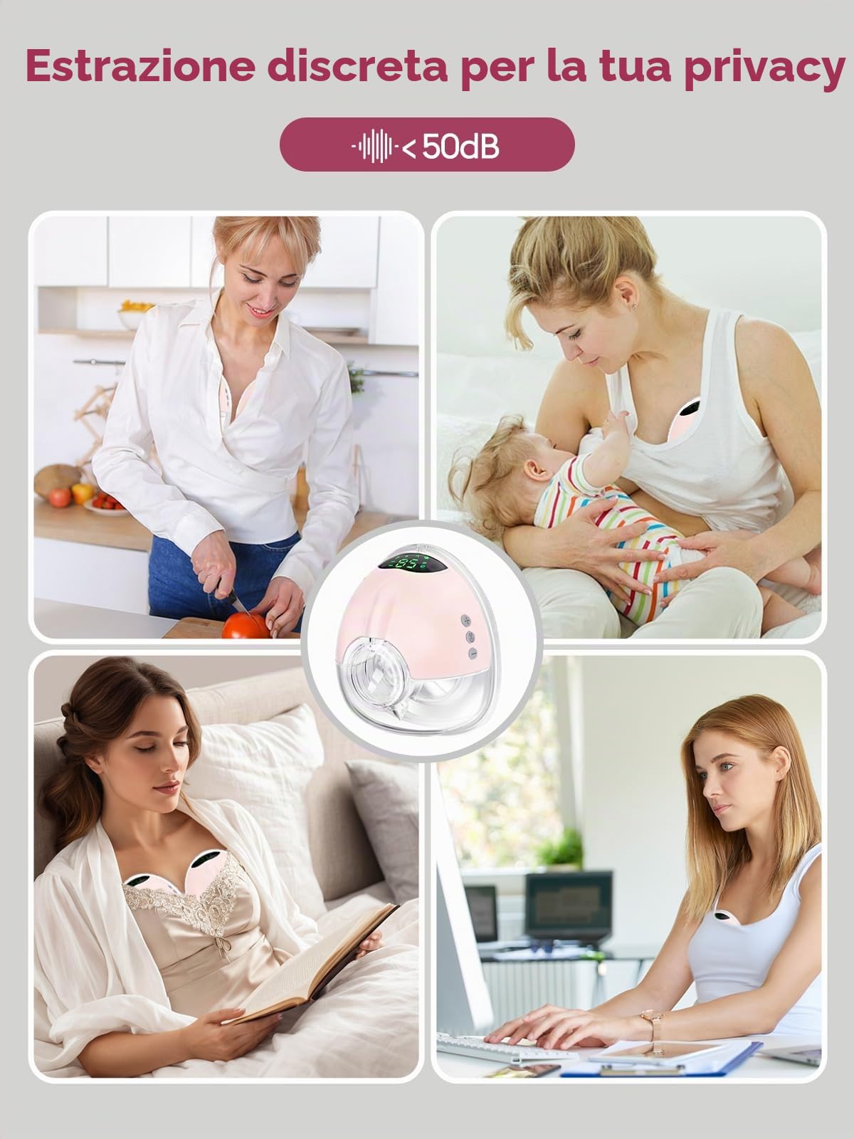 Lulia Tiralatte Elettrico Indossabile, 4 Modalità e 9 Livelli, 350mmHg Forte Aspirazione, Comfortabler, Senza Dolore, senza BPA, con Flange 17/19/21/24MM (1 Pezzi- Rosa)