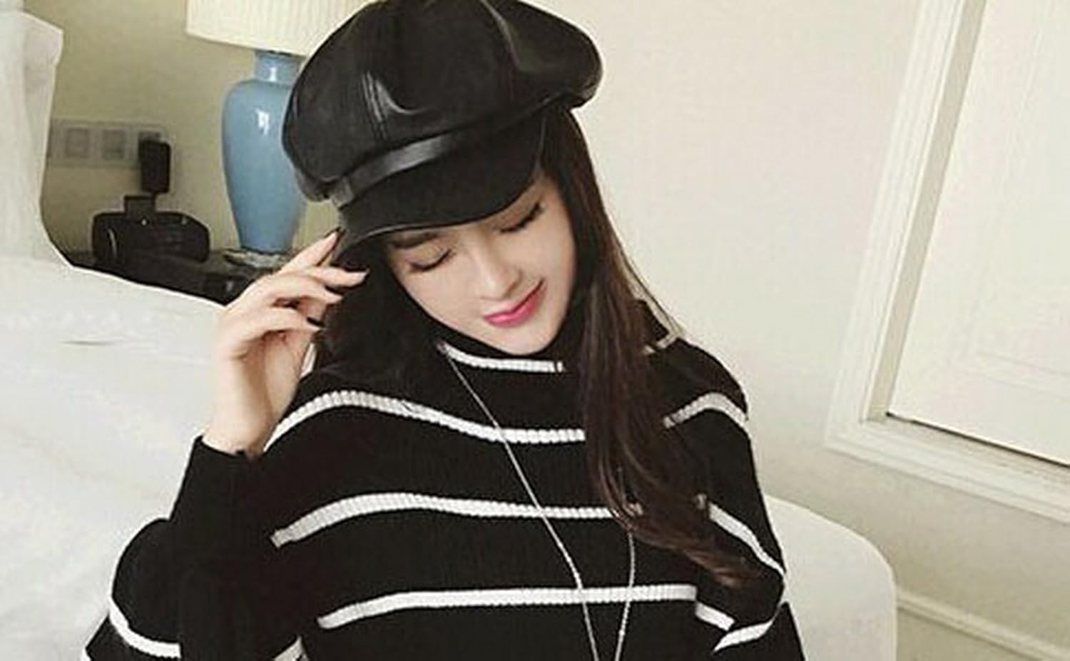 Women PU Leather Newsboy Cabbie Peaked Beret Cap Vintage Baker Boy Visor Hat - Image 2