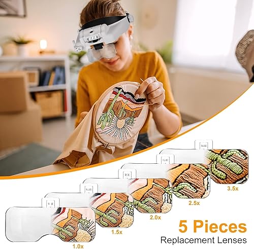 Miniatura 2 de SUNJOYCO Lupa para diadema, lupa de auriculares 1X-14X con luz, visera de aumento iluminada, lupa de montaje en cabeza con 5 lentes desmontables