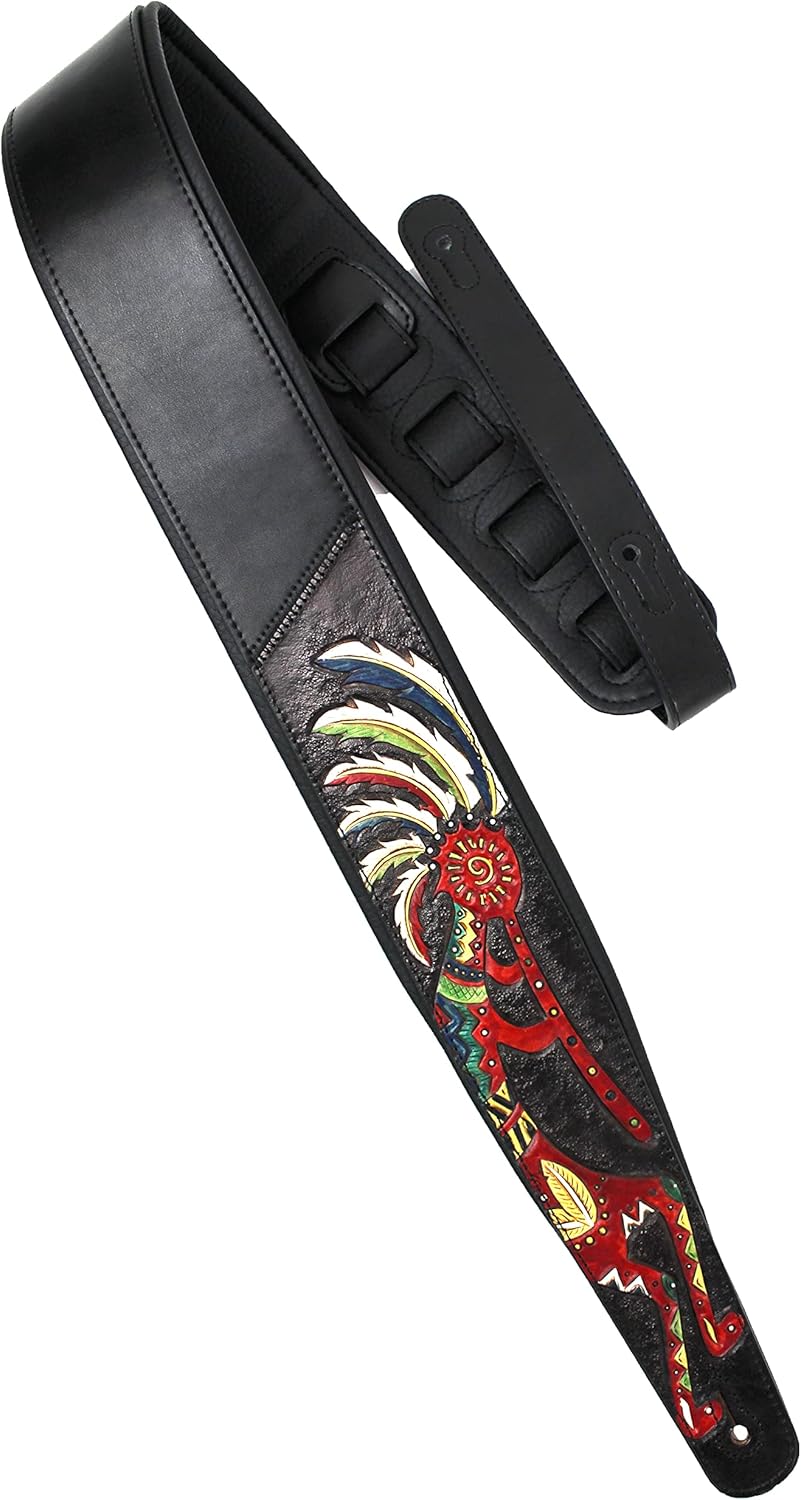 Walker And Williams KB-56-BLK Handmade 3" Wide Black Padded Guitar Strap With Carved Red Kokopelli Design On Premium Black Leather For Acoustic, Electric, And Bass Guitars